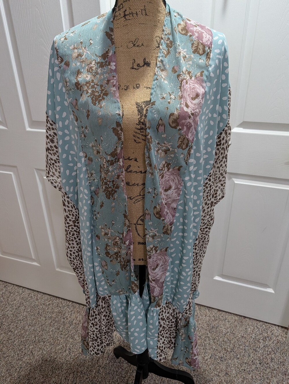 Umgee Floral & Leopard Print Draped Throw in Light Blue and Pink